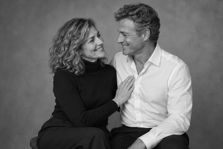 Gemeinsames Lachen – Fotoshooting Schwarz-Weiß-Studio