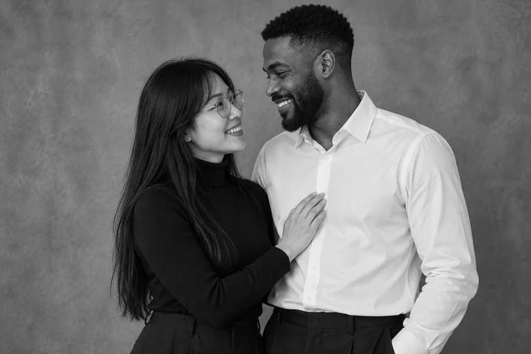 Gemeinsames Lachen – Fotoshooting Schwarz-Weiß-Studio