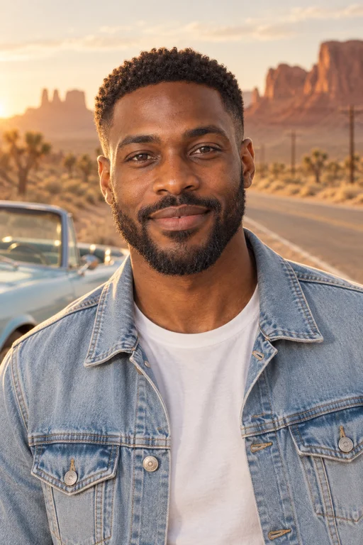 Marcus in the Desert Road Trip photoshoot