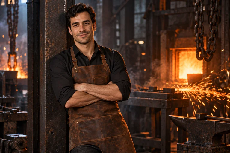 Am Stahlträger – Fotoshooting Feuer & Metall