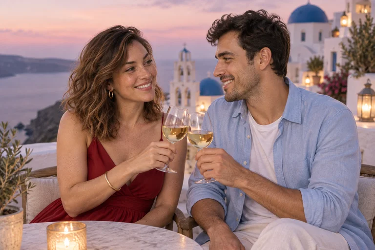 A Toast at Dusk – Greek Island photoshoot
