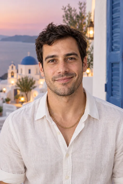 Oliver in the Greek Island photoshoot