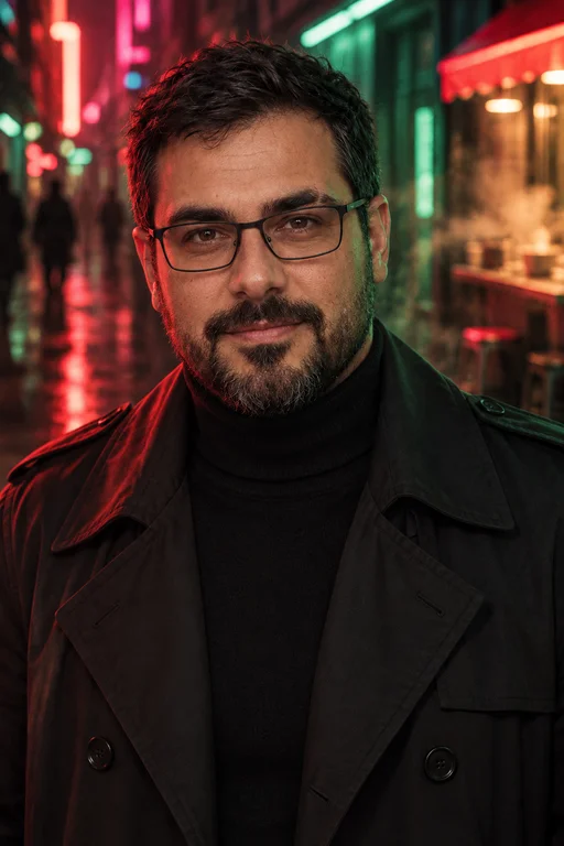 Rafael in the Neon Noir photoshoot