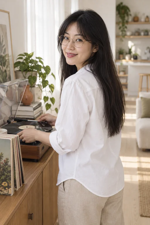 At the Record Player – Sunday Apartment photoshoot