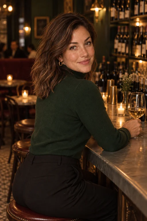 Schulterblick an der Bar – Fotoshooting Abend in der Weinbar