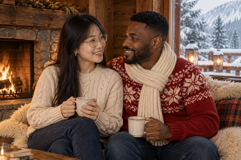 Fireside Laugh – Winter Chalet photoshoot