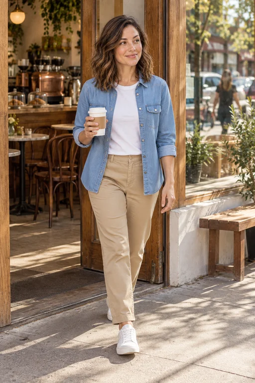 Chambray & Weiß – Outfit fürs Fotoshooting Café am Morgen