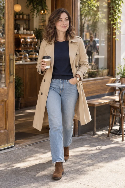 Trench & Denim – Café Morning photoshoot outfit