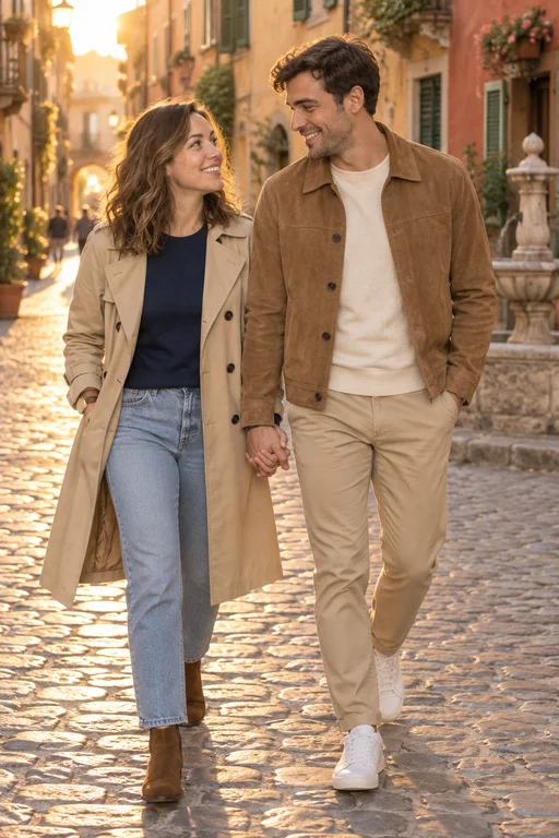 Trench & Denim & Suede & Cream – Golden Hour Streets photoshoot outfit