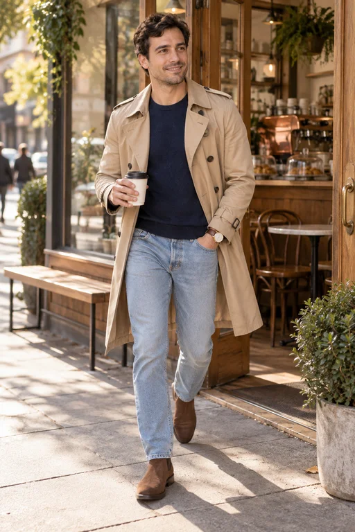 Trenchcoat & Denim – Outfit fürs Fotoshooting Café am Morgen